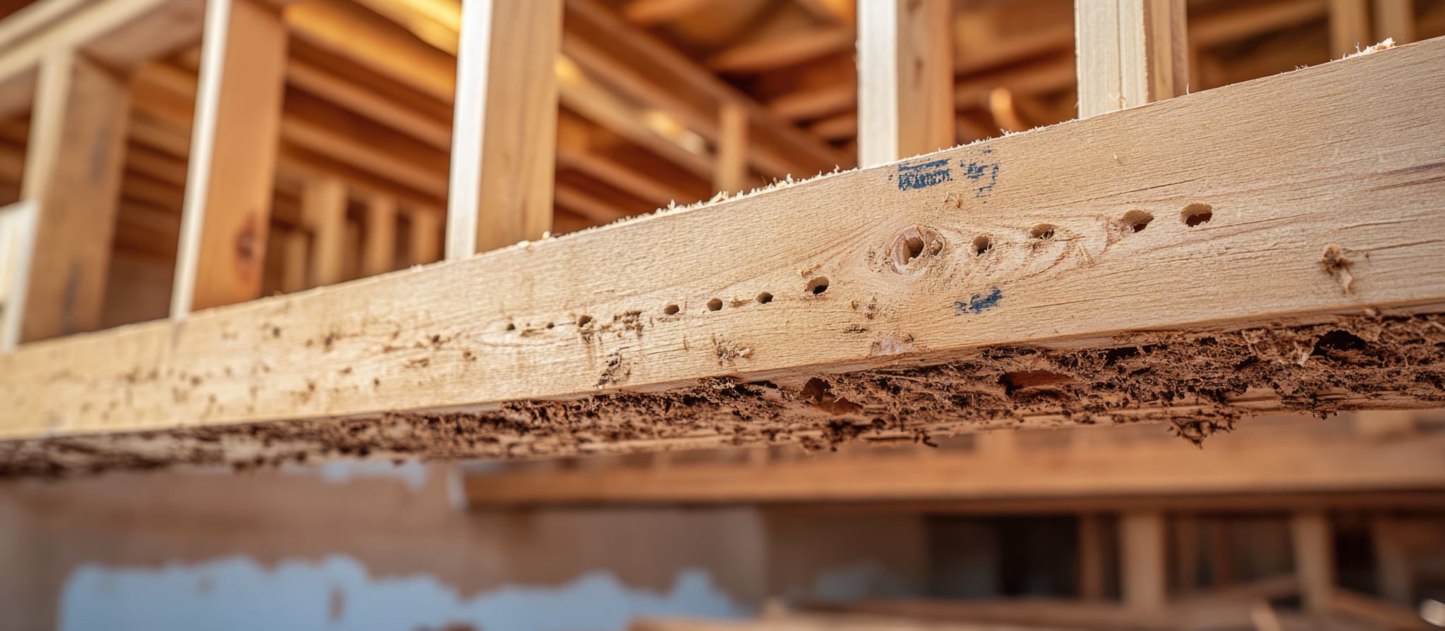 Poutre en bois avec trous et traces d’insectes xylophages, illustration d’un diagnostic termites avant vente immobilière.